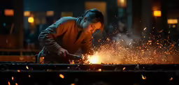 an old woman wearing a tie in front of a fire
