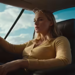 a blonde woman with a concerned look on her face is sitting in the passenger seat of a car
