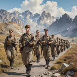a group of men in uniform walking up a hill with mountain behind them