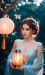 a woman in a blue dress is holding a lantern