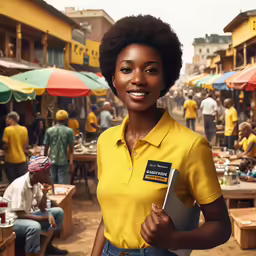 a woman is smiling while holding an identification card