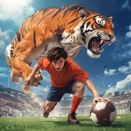 the tiger is attacking at the soccer player