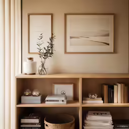 a book shelf and some books and a plant