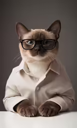 a cat with glasses and a coat poses for a photo