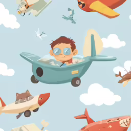 a wallpaper with cartoon planes, a boy in an airplane