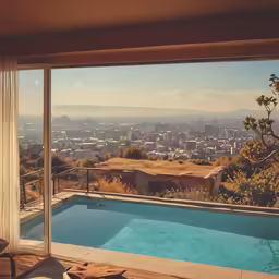 a swimming pool overlooking a city view