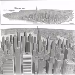 two pictures showing an aerial view of a city and the view from a high point,a black and white image shows the same city in comparison
