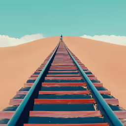 an airplane flying over a train track through the desert