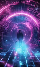 the man in the black jacket is walking towards a tunnel with pink neons