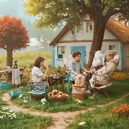 a family sits on chairs outside in the sun
