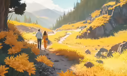 a young couple walk through a grassy hillside