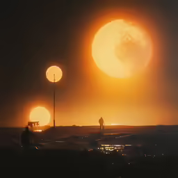 the sun sets behind people on a beach near a pier