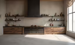 there is an open window and shelves on the wall