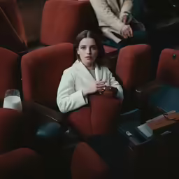 a woman in a white coat sitting inside a movie theater