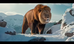 a large lion is standing in the snow