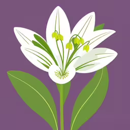 a white flower that is next to a green leaf,flowers with green stems on purple background