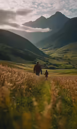 an image of a father and son walking through the mountains