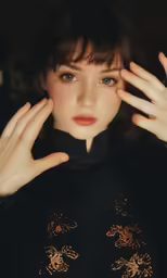 a woman with her hands to her face and hand on the other side of her