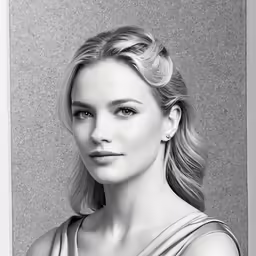 a black and white photo of a woman in dress