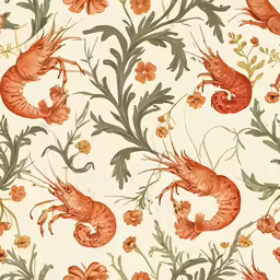 an illustrated wallpaper featuring an orange, red and white pattern with lobsters