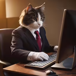 a cat dressed up in a suit sits at a desk using a keyboard