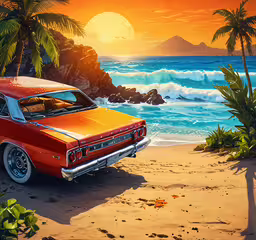 a painting of a red car driving down the beach,an old fashion car parked on the beach
