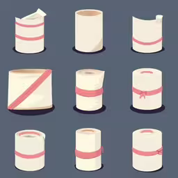 a series of photoshopped images of different rolls of toilet paper,many rolls of toilet paper with ribbons on them,a bunch of white boxes with ribbons around them,a set of different types of toilet paper,paper wrappings have ribbons on them
