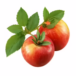 two apples with leaves on a white background