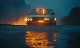 a car is driving in the night near a puddle