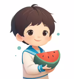 an adorable cartoon boy is holding a watermelon