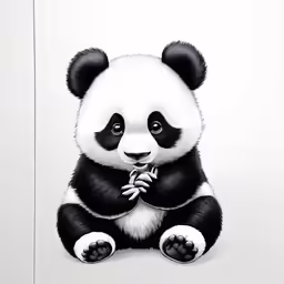 panda sitting down with his paw on a small leaf
