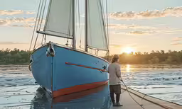 a man is cleaning the sails of his sailboat,two people standing on a dock and looking at a boat