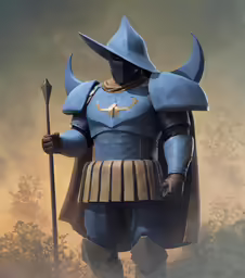 a knight is holding a staff standing outside