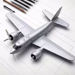 a toy plane, pencils, and scissors on a sheet of graph paper