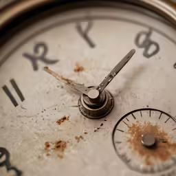 closeup of the face of an old clock with rust
