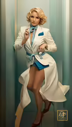 woman in long coat and heels standing inside of a blue hallway