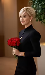 a woman posing with a bunch of roses