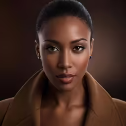 a woman wearing an elegant coat looks at the camera