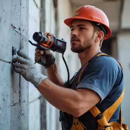 a man in hard hat using an electric drill gun
