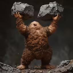 a plastic monkey standing up holding onto two rocks