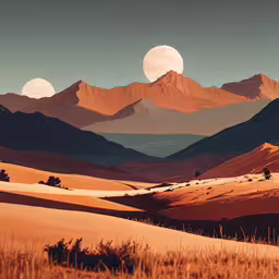 the sun is shining down on a desert landscape,a landscape photograph with mountains and sand