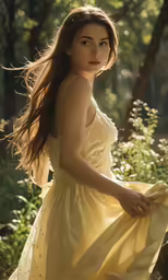 a woman in a yellow dress standing in a field