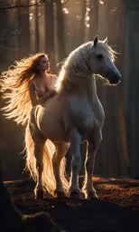 a woman is riding a large white horse in the woods