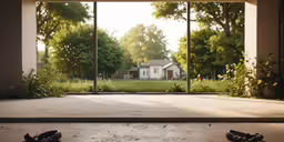 a pair of shoes sits in front of an open window that opens up onto a lawn with a house in the distance
