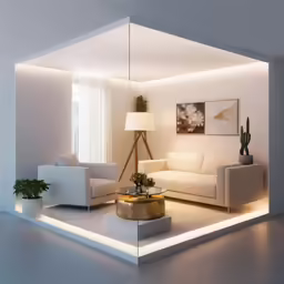 a living room with modern furniture and a lit area