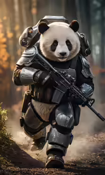 a person in the shape of a panda bear, running in a wooded area