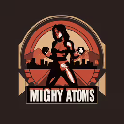 a woman with a gun in her hands with the words mighty atoms,the poster for the mighty customs show