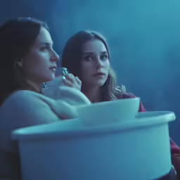 two woman looking at their faces in a tub