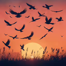 a flock of birds flying over the sun at sunset,a flock of birds flying above the sun