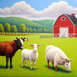 three cows and one sheep in a field near a barn,two cows and one sheep are in a green field